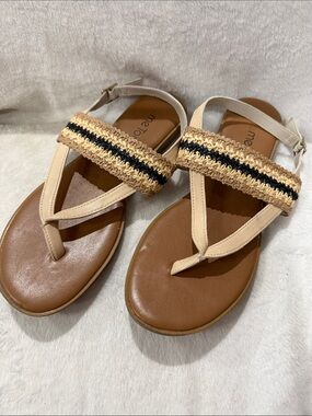 me too Tan and Black Braided Strap Thong Sandals